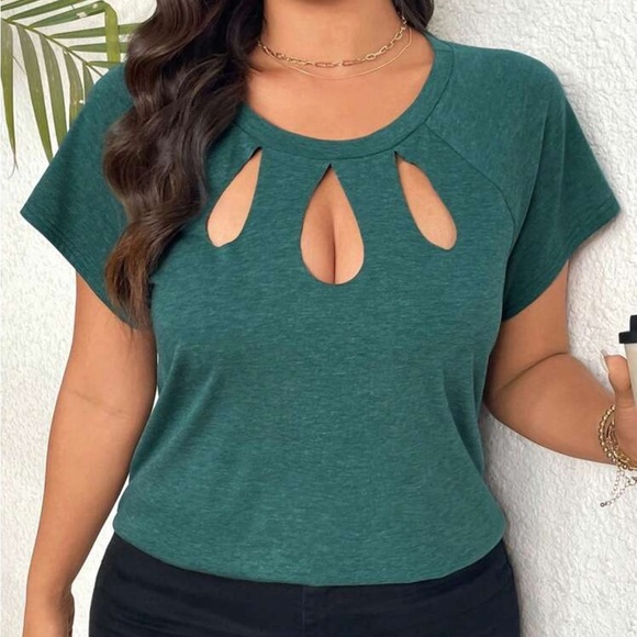 SHEIN Plus Women’s Casual Moss Green Hollow Laser Cut Short Sleeve Tee 3XL (18) - Picture 1 of 10